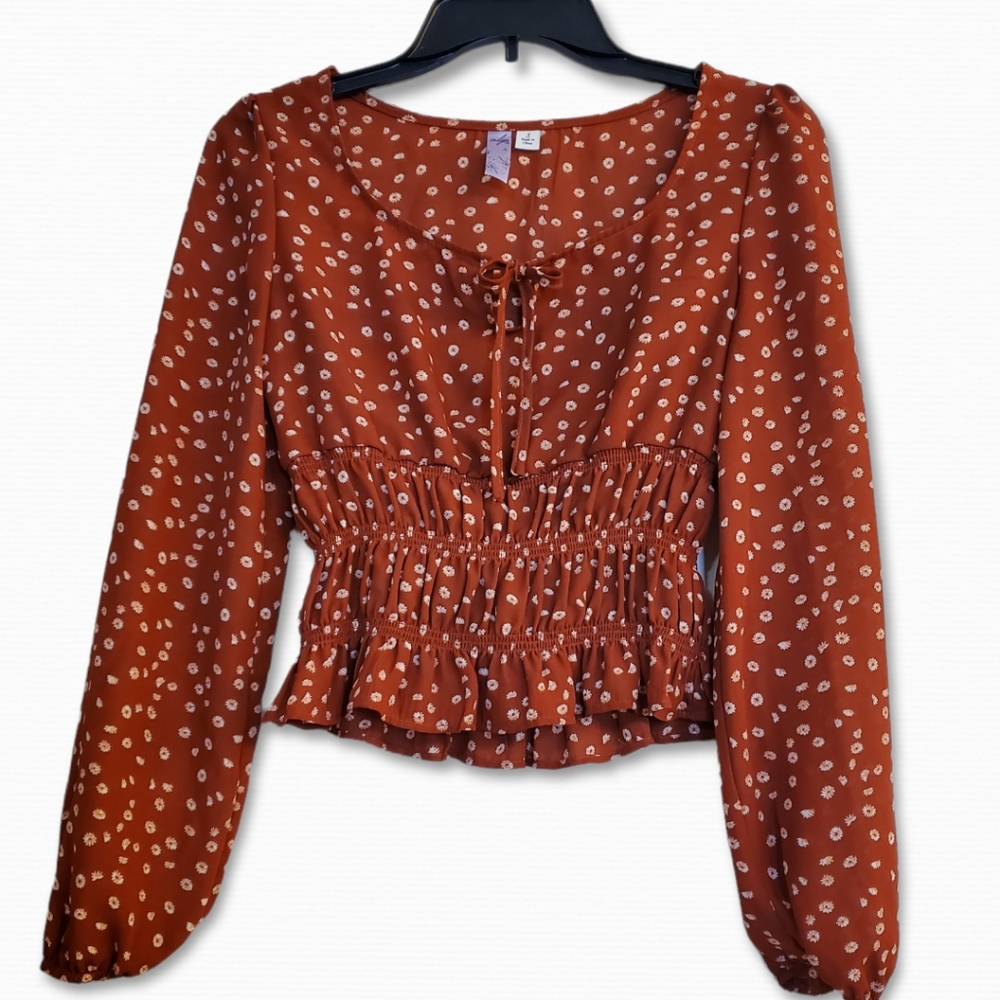 Alya Boho Floral Crop Top with Elastic Waistband Long Sleeve Size S - Picture 4 of 9